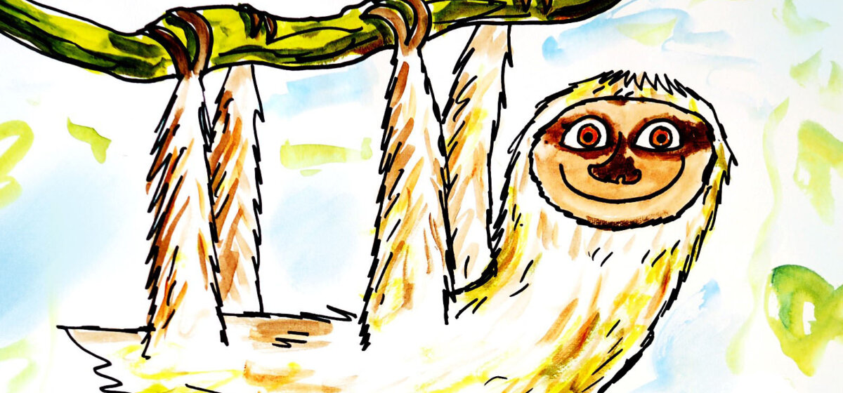 A cartoon illustration of a monkey hanging from a branch.