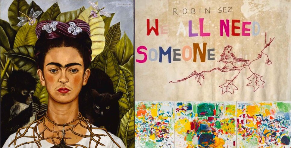 A collage of the artwork of great female artists including a portrait by Frida Kahlo.