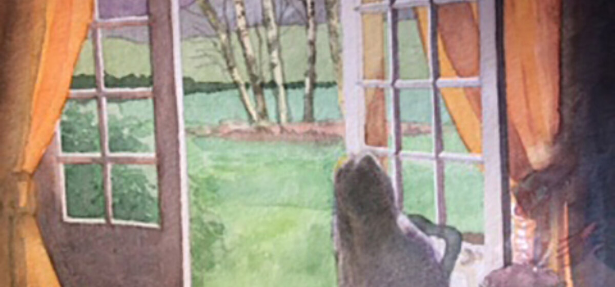A watercolour painting of a girl looking out into some gardens from an open door.