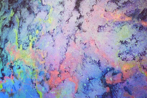 An abstract painting using bright blues, greens, pinks and purples to create a cloud-like image.