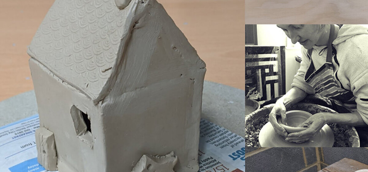 A house sculpture made out of clay sits on the left of the image. On the right is a photo of practitioner Cait Gould making a clay bowl on a spinning wheel.