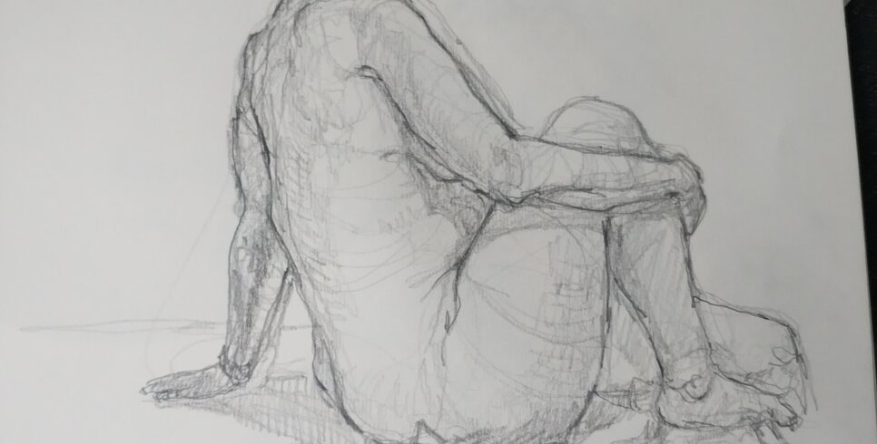 A pencil sketch of a women seated side on, facing away and resting on one arm while the other supports her bent knee.