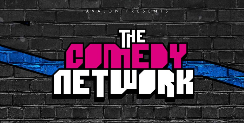 The Comedy Network pink and white title is in front of a dark blue brick background.