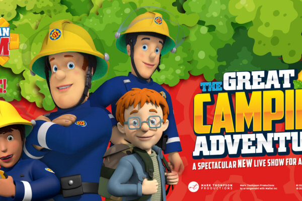 Fireman Sam and friends huddled together with text on the image to say 'The Great Camping Adventure'