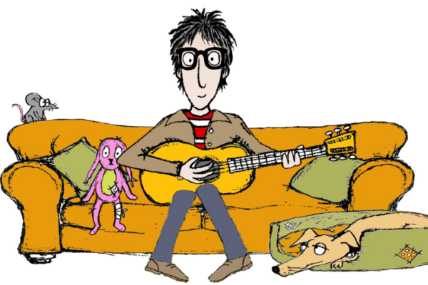 A cartoon of a man in a striped top and glasses sits on a sofa playing guitar with a mouse, his dog and a rabbit.