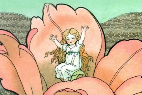 A cartoon of a small girl sat in the centre of a large pink flower