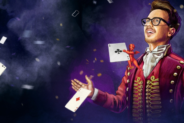 A man in a maroon suit smiles as playing cards and stars swirl in the indigo sky around him