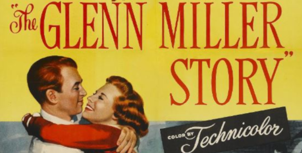 The Glenn Miller Story. A man and a woman embrace under the title of the film.