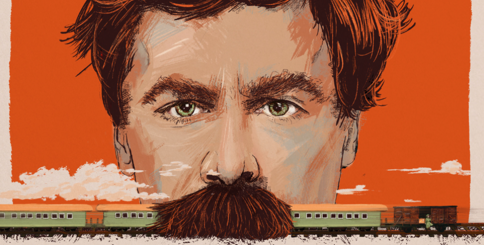 A cartoon of Mike is pictured against an orange background, a small steam train drives under his mustache using it as a tunnel
