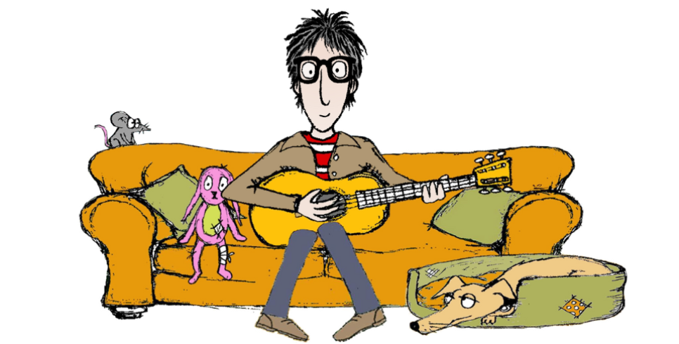 A cartoon of a man in a striped top and glasses sits on a sofa playing guitar with a mouse, his dog and a rabbit.