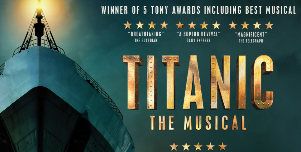 Titanic The Musical title treatment with gold text and ship