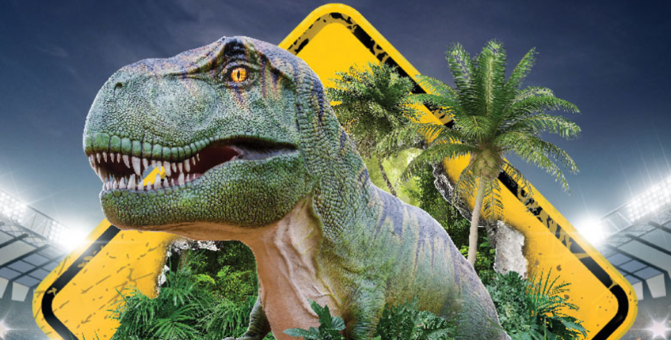 An image of a t-rex in front of a yellow danger sign and palm trees.