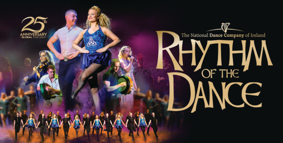 Irish dancers in line together on stage, orange and purple smoke with the title Rhythm of the Dance 25th Anniversary