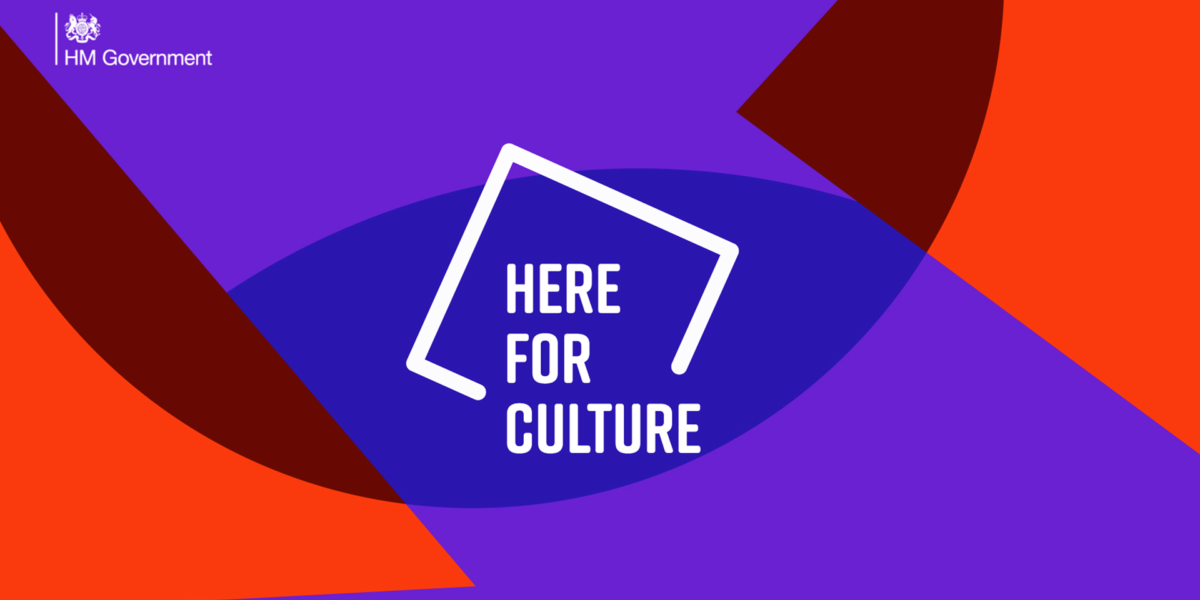 A red and purple background made of overlapping triangles, squares and circles with the Here for Culture logo in the middle.