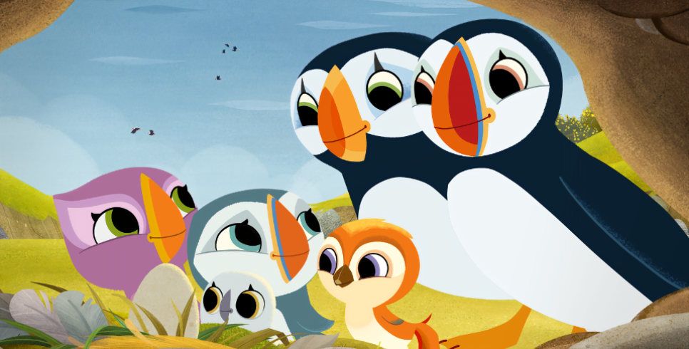Cartoon image of 6 puffins including baby ones