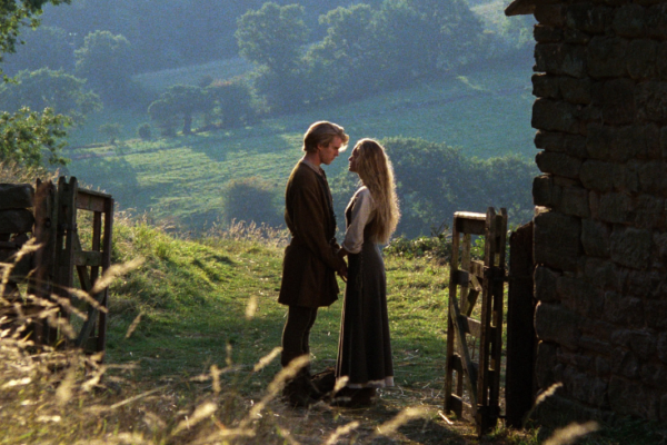 A man and a woman stand looking into each other's eyes on the side of a hill in the midst of a lush green countryside setting