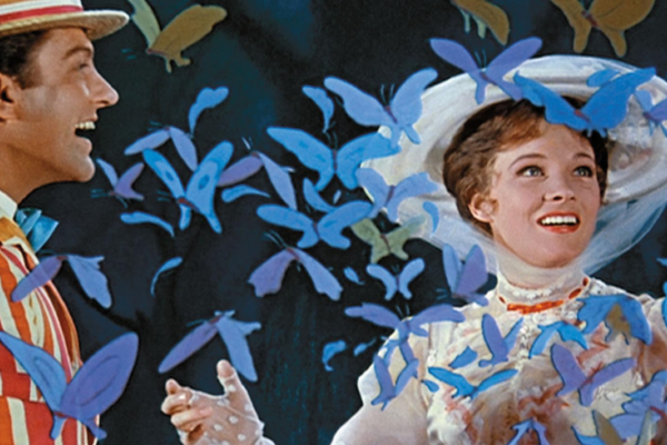 Mary Poppins and Bert and swarmed by a beautiful blue flock of birds