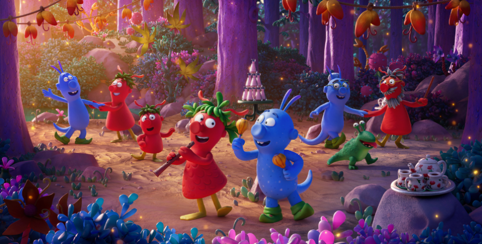 Blue monsters and red monsters party together in the forest, playing instruments and dancing