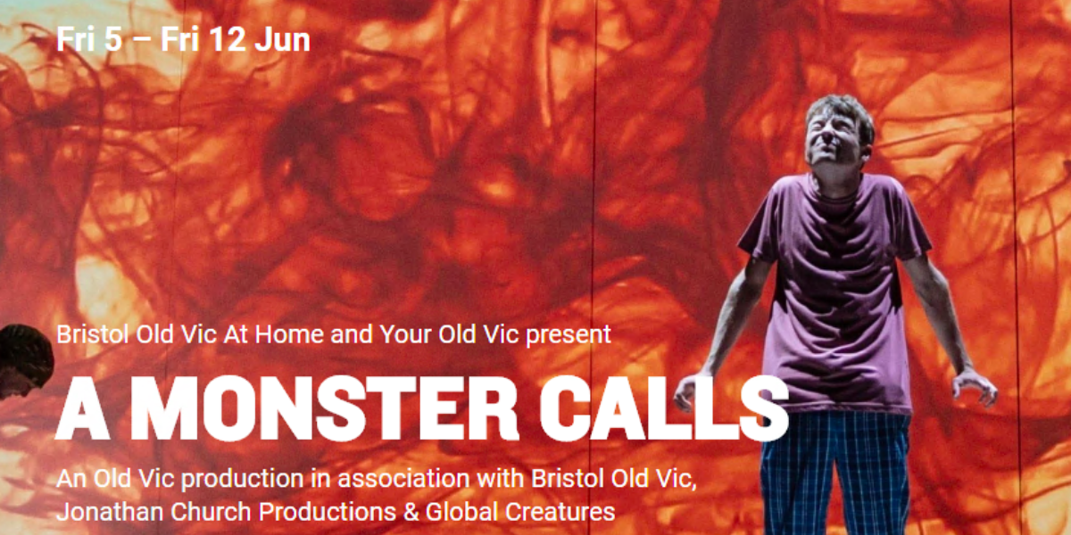 A title treatment for A Monster Calls with a male on the right hand side in his pyjamas, his shoulders hunched and his face scrunched.
