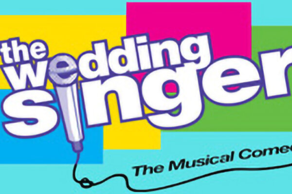 A cyan blue background with blue yellow, pink and green squares a the text 'The Wedding Singer' text on top of it.
