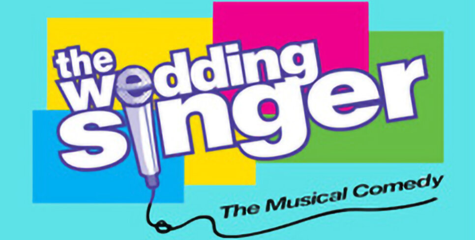 A cyan blue background with blue yellow, pink and green squares a the text 'The Wedding Singer' text on top of it.