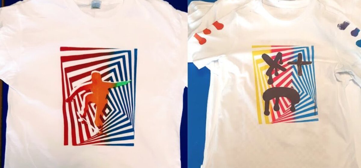 A photo of two white t-shirts which have coloureful, trippy printed artwork on.