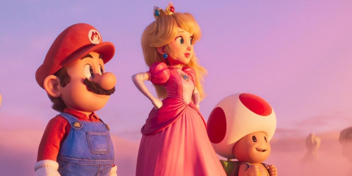 A still of Mario, Princess Peach and Toad looking out with a pink background.