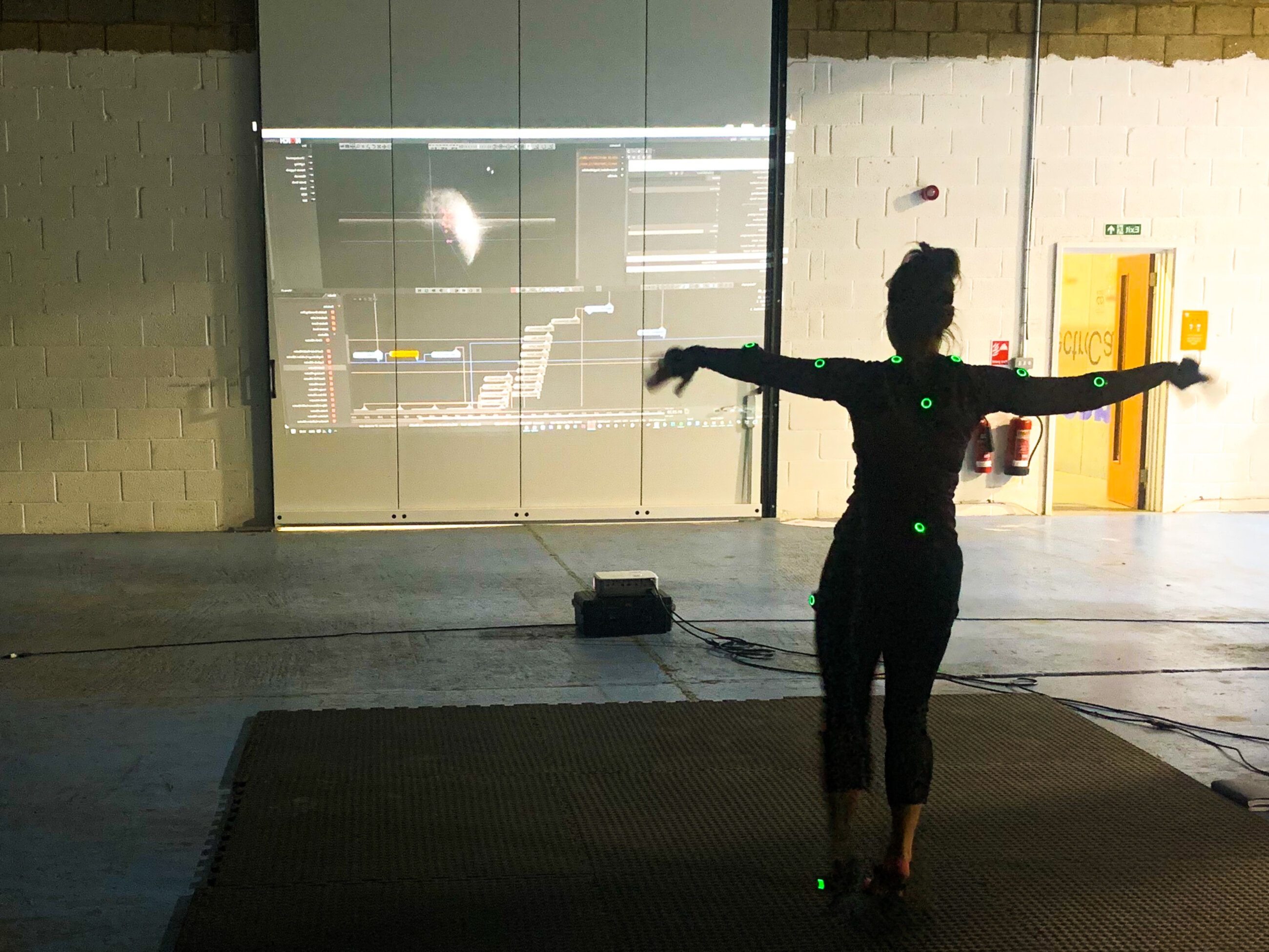 One artist training in the Middle Bay of 101. The artist is facing a projected image on wall of a computer program. The artist is wearing an outfit with sensors on and holds their arms out strait at shoulder length.