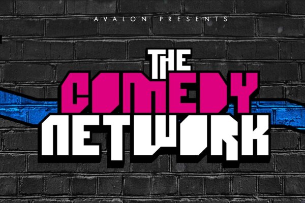 The Comedy Network title in white and pink with a dark grey brick background.