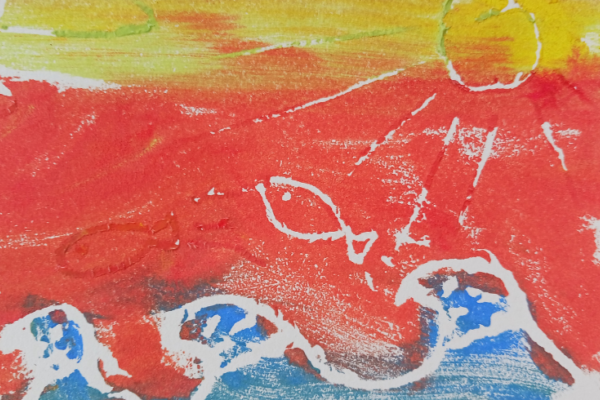 Child's drawing of blue sea, red sky and yellow sun.