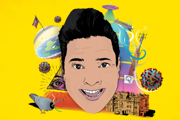 Cartoon of Dom Jolly's face on a yellow background with a number of cartoon conspiracy theories behind him