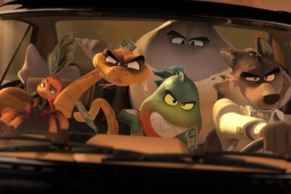 Five animated animal characters sit in a car with evil grins on their faces