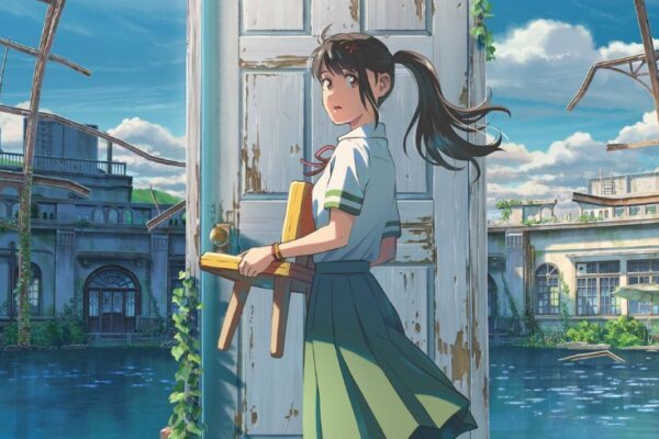 An anime animation showing a girl stood in front of a mysterious door that is in the middle of nowhere