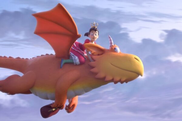 A girl in a pink dress is flying on top of Zog, an orange dragon