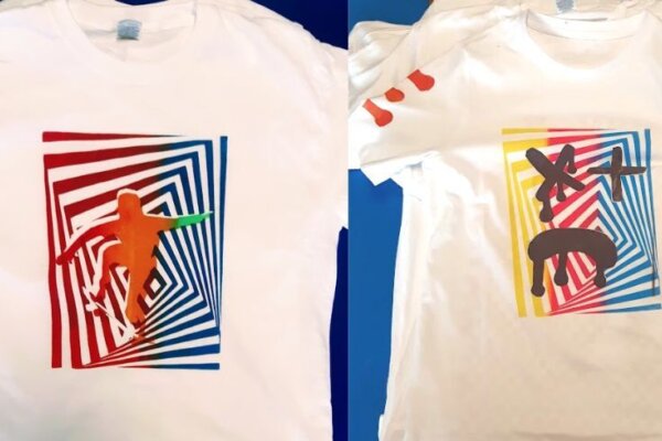 A photo of two white t-shirts which have coloureful, trippy printed artwork on.