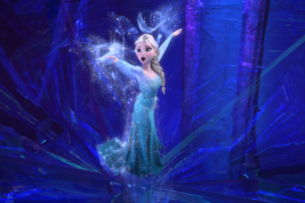 Elsa conjurers up her icy magic and casts a spell surrounding her with blue light and snowflakes