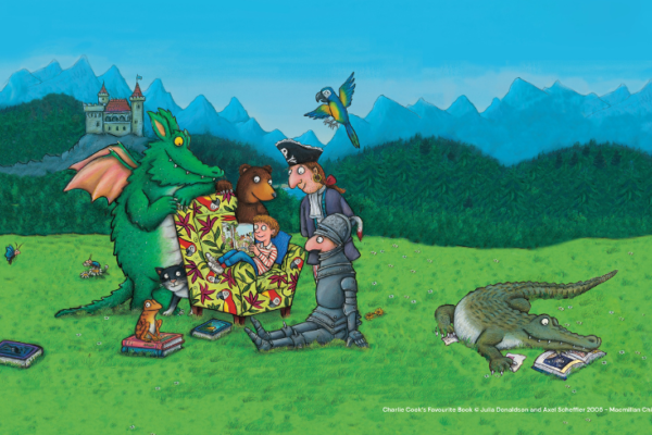 A cartoon of a boy sat in a floral arm chair surrounded by a dragon, bear, pirate and crocodile in a green field
