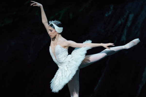 Ballet dancer gracefully in an arabesque wearing a white tutu