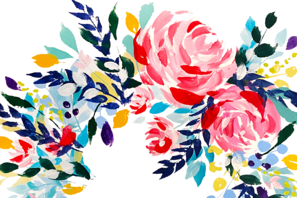 Floral multi-coloured gouache wreath painting