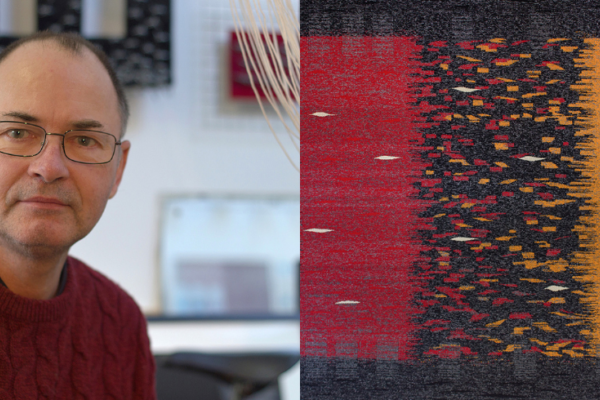 A man in a red jumper on one side wearing classes and an intricate tapestry on the other side