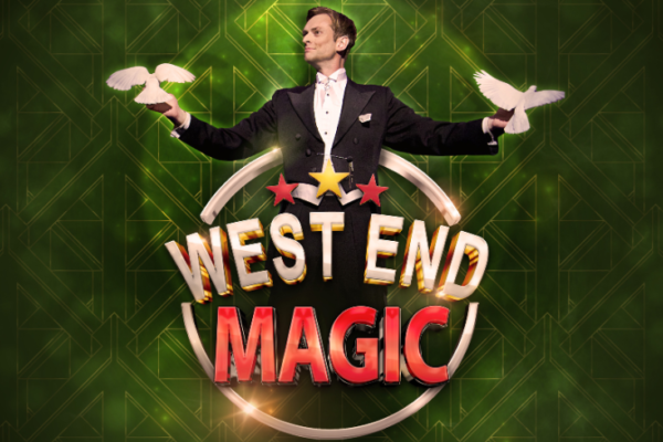 A man against a green backdrop, holding two doves in front of a large title 'West End Magic'