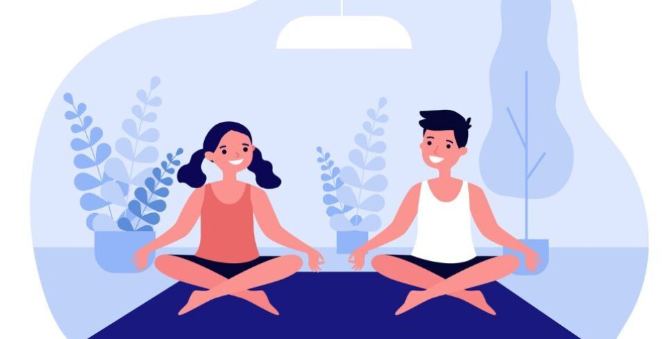 An image for Teen Yoga at the Corn Exchange Newbury, a cartoon image on a blue background of a boy and a girl sitting cross-legged