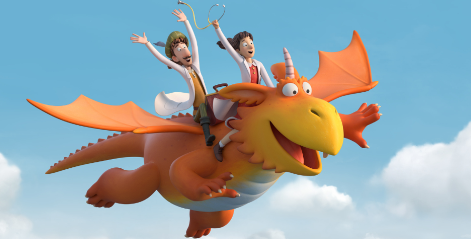 Cartoon orange dragon flying through the sky with two doctors on its back.