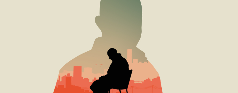 On a beige background, there is an outline of a man with a skyline background. Within this, there is another silhouette of a man sat on a chair.