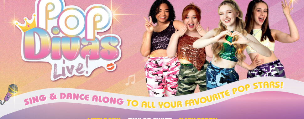 A girl-group stand wearing matching camo outfits next to a pink title saying 'Pop Divas Live!'