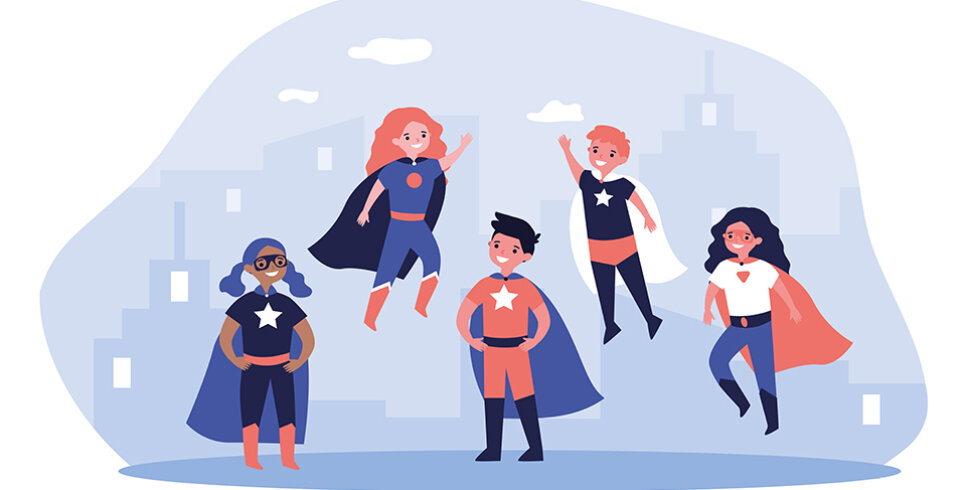 An illustration of five children (boys and girls, of different races) wearing superhero capes and with stars on their t-shirts. Behind them is a light blue background.
