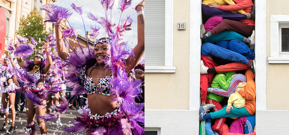 On the left is a photograph of a woman in a carnival style outfit, with purple feathers and an embellished top. She is dancing along the street with another woman behind her. To the right is a separate photo of bodies piled up in multicoloured clothing, in a small doorway.