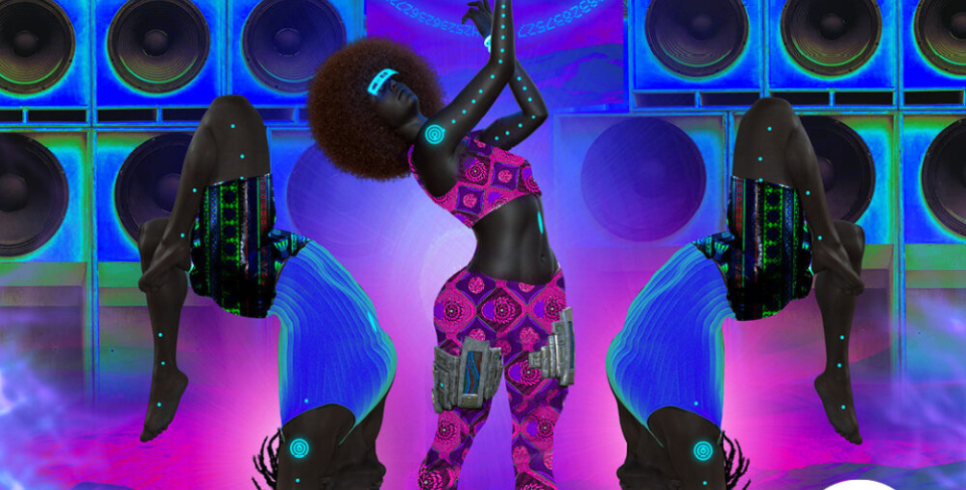 An image of a digital woman with black skin and an Afro. She is wearing patterned trousers and cropped top with uv accessories. There are two mirrored digital women either side of her which are stood on their heads with their legs up and crossed. Behind them there is a repeat print of speakers.